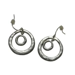 Silver Tone Concentric Circle Earrings Faux Diamond Accent 1" Drop Hook Boho EUC
